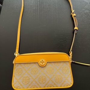 Tory Burch T monogram jacquard double zip mini bag.